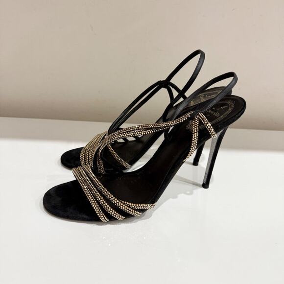 Rene Caovilla Swarovski Crystal Asymmetric Satin Slingback Heels Black EU 40.5 - Picture 2 of 7